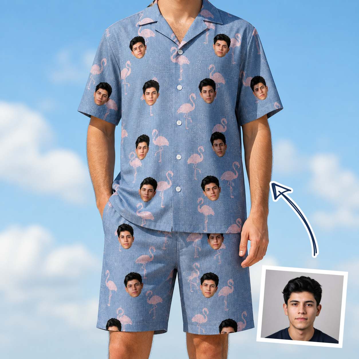 Man wearing Men's Flamingo Fever Custom Face Shirt & Shorts Set — custom faces printed all-over