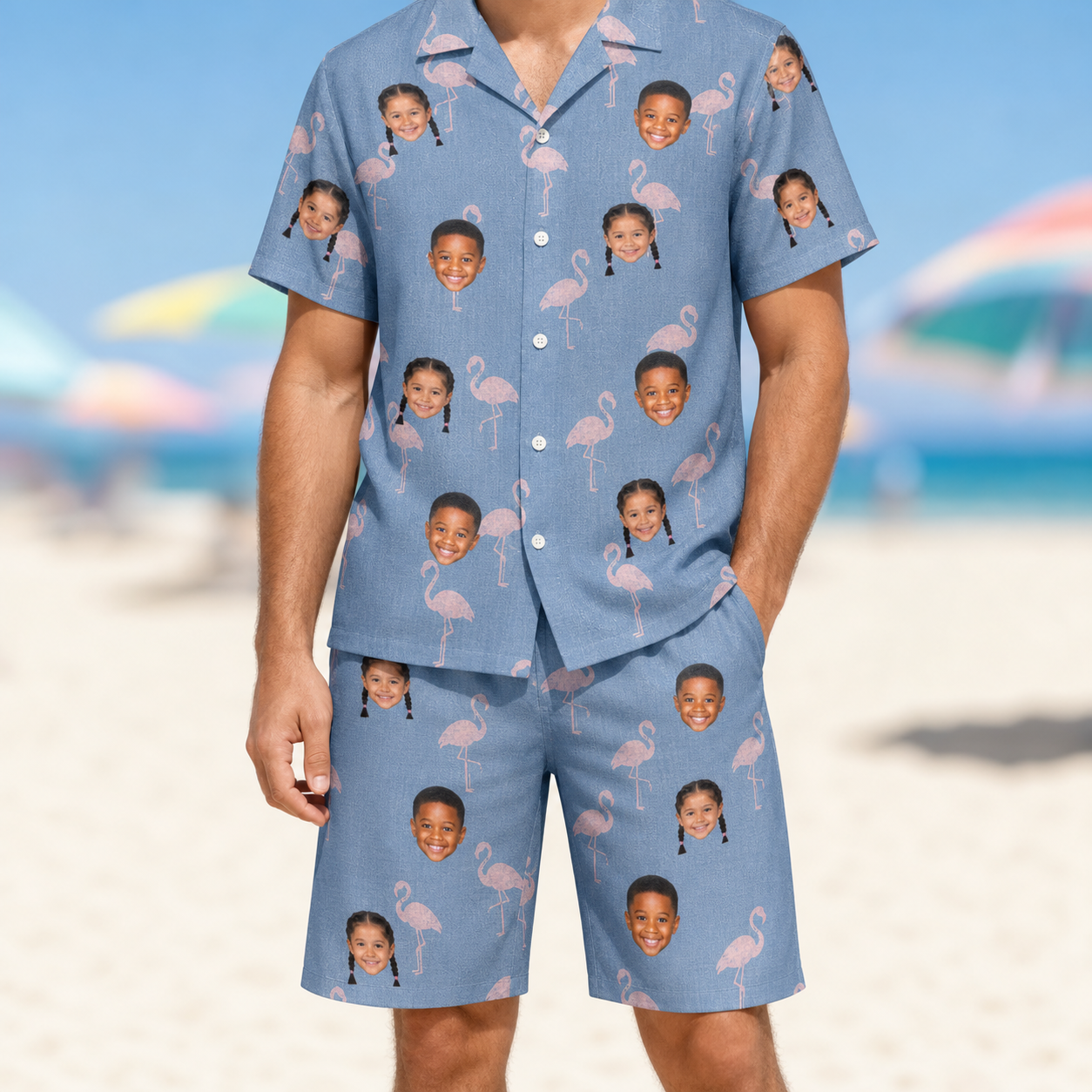 Model wearing Men's Flamingo Fever Custom Face Shirt & Shorts Set printed with kids' faces