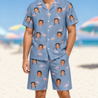 Model wearing Men's Flamingo Fever Custom Face Shirt & Shorts Set printed with kids' faces