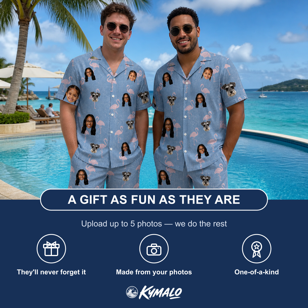 Friends in matching Men's Flamingo Fever Custom Face Shirt & Shorts Set — a group gift photo