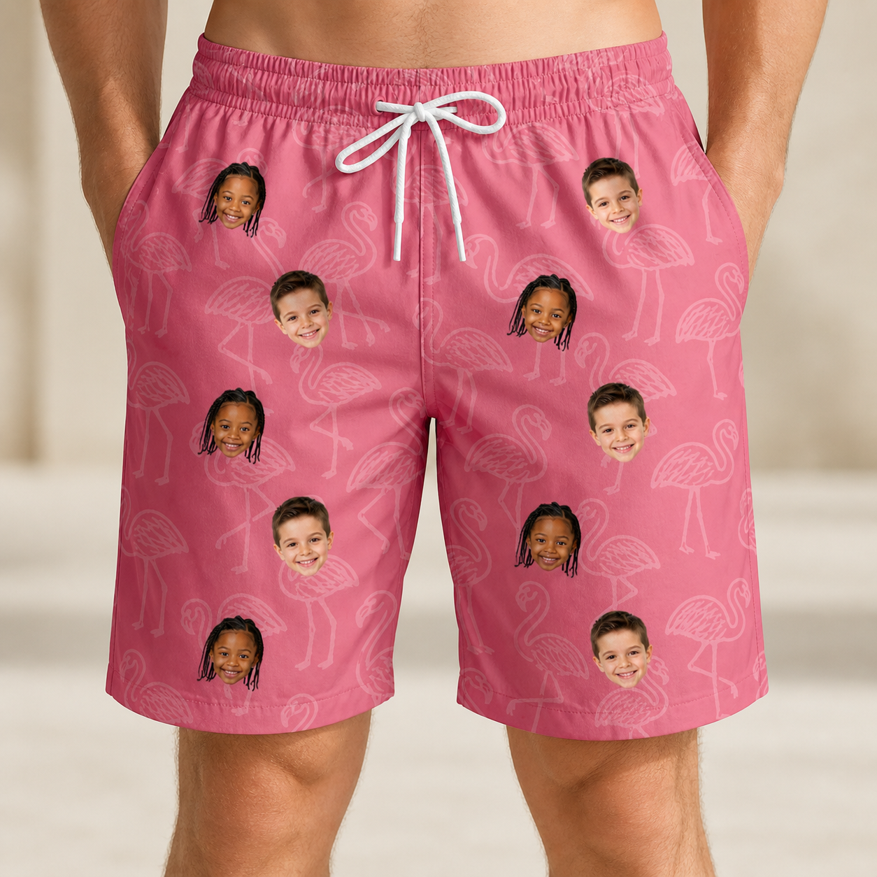 Model wearing Men's Beakside Belles Custom Face Beach Shorts printed with kids' faces