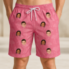 Model wearing Men's Beakside Belles Custom Face Beach Shorts printed with kids' faces