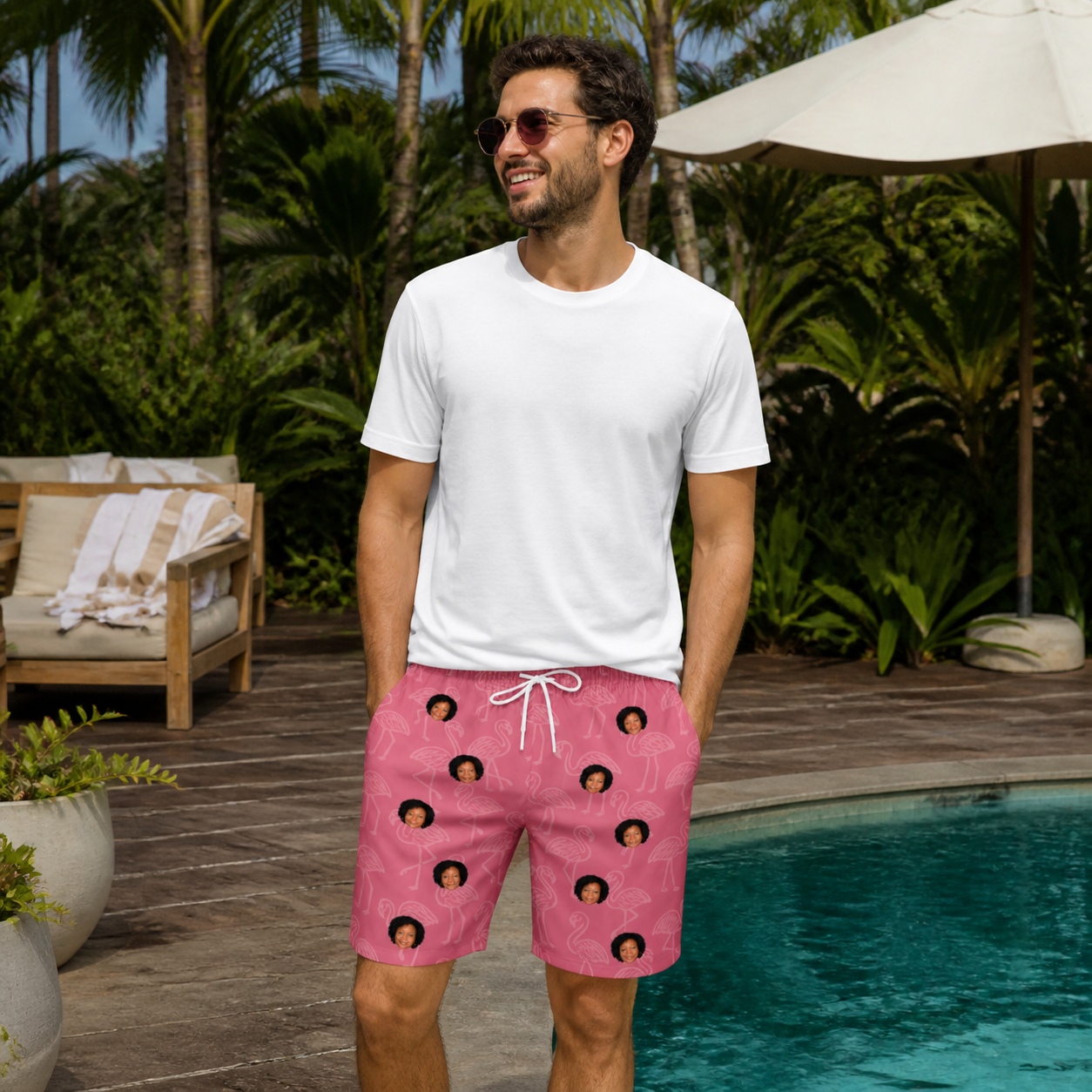 Real-life photo of someone wearing Men's Beakside Belles Custom Face Beach Shorts — custom faces printed all-over