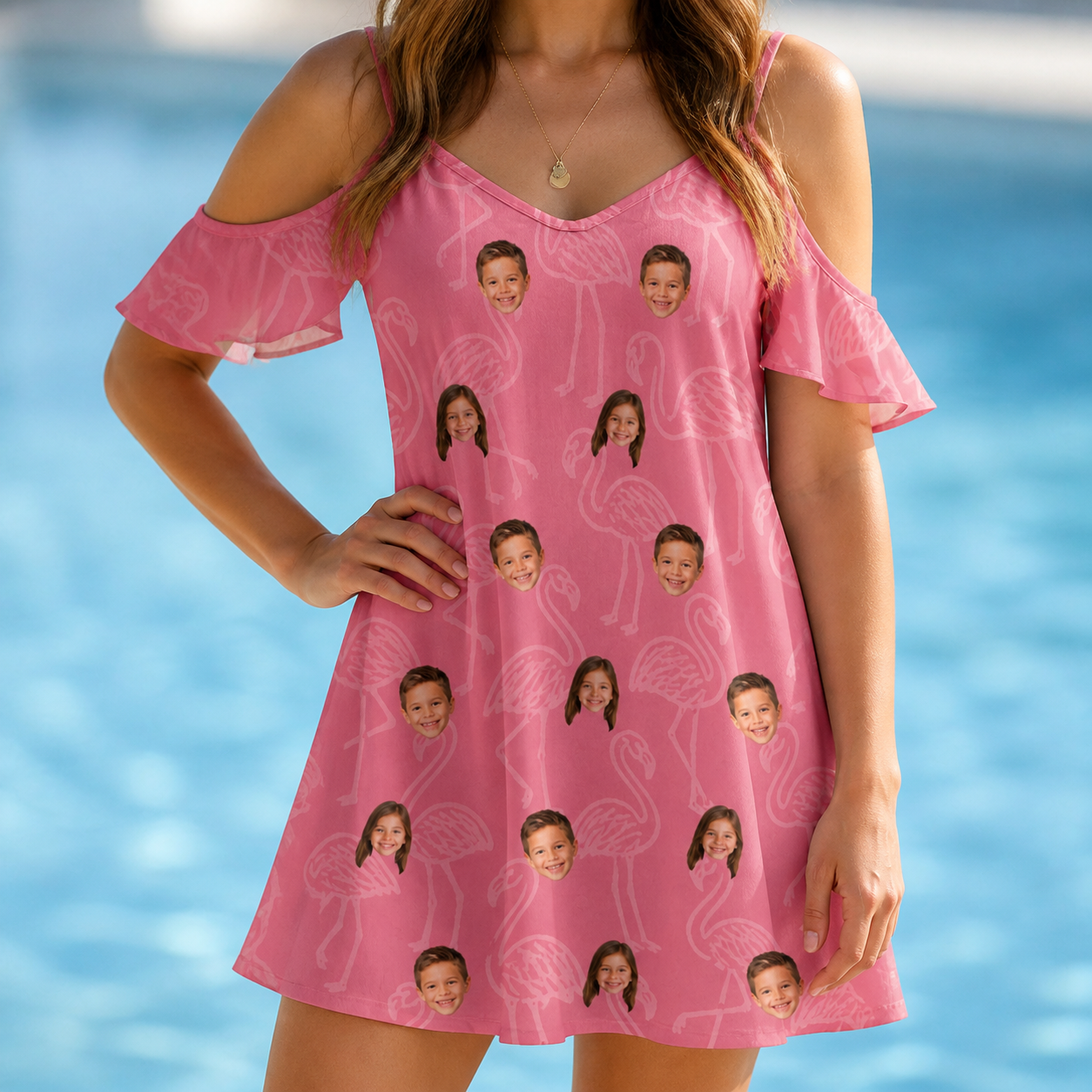Model wearing Women's Beakside Belles Custom Face Off-Shoulder Dress printed with kids' faces