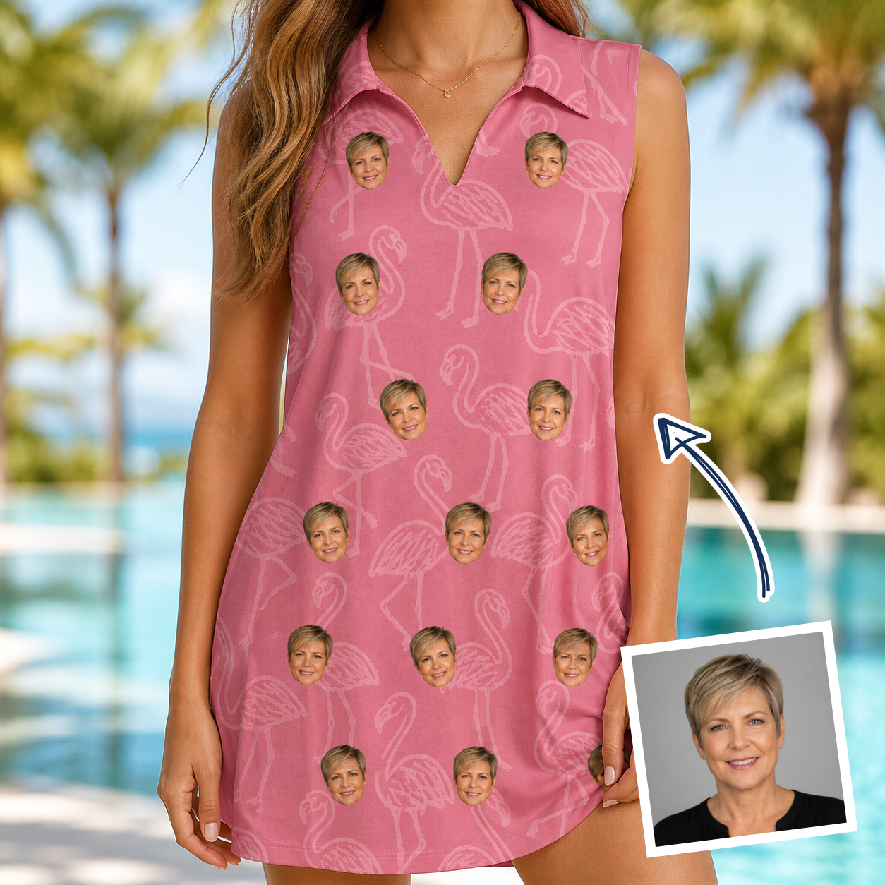 Woman wearing Women's Beakside Belles Custom Face V-Neck Dress — custom faces printed all-over