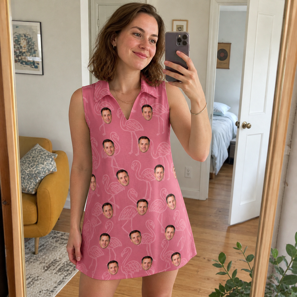 Real-life photo of someone wearing Women's Beakside Belles Custom Face V-Neck Dress — custom faces printed all-over