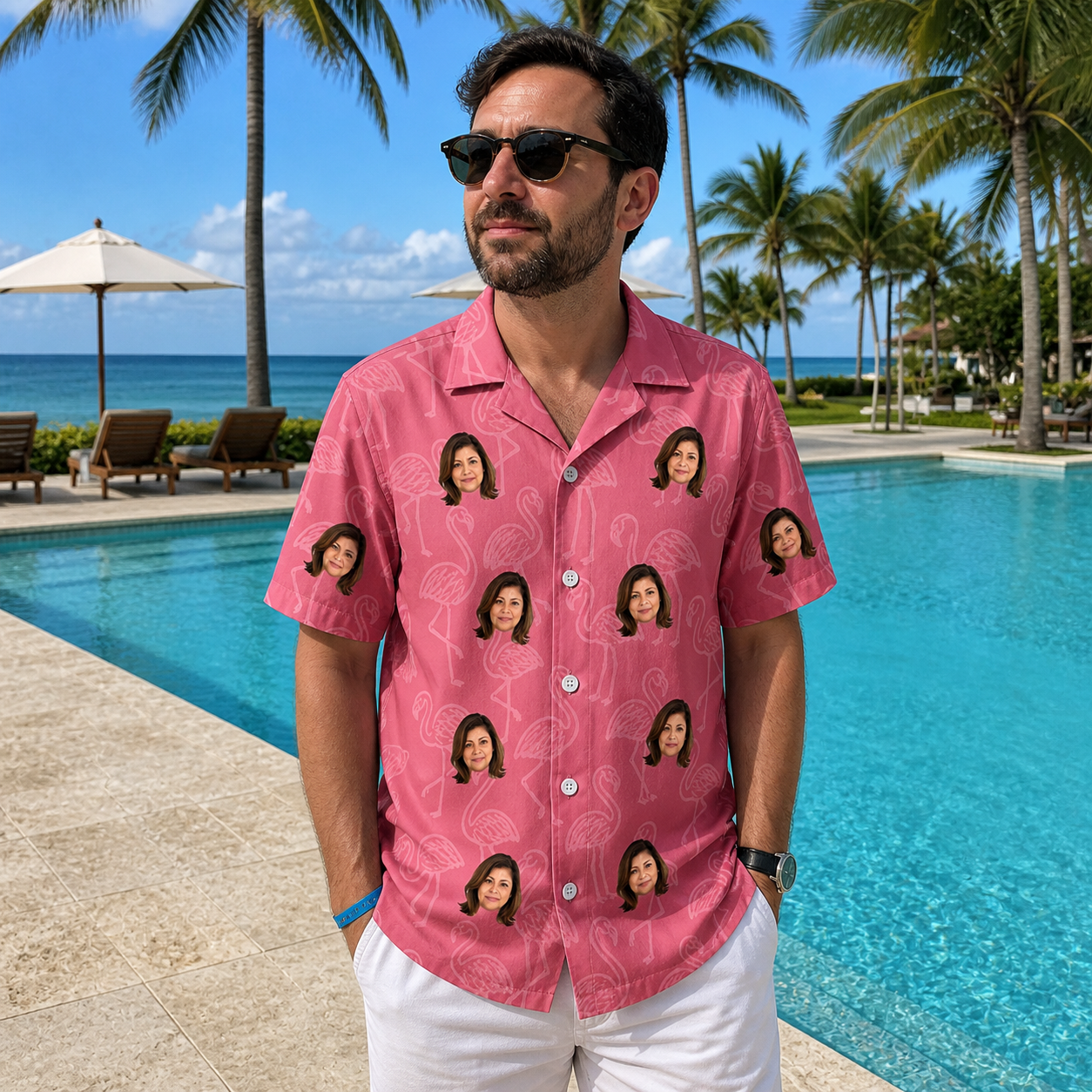 Real-life photo of someone wearing Men's Beakside Belles Custom Face Hawaiian Shirt — custom faces printed all-over