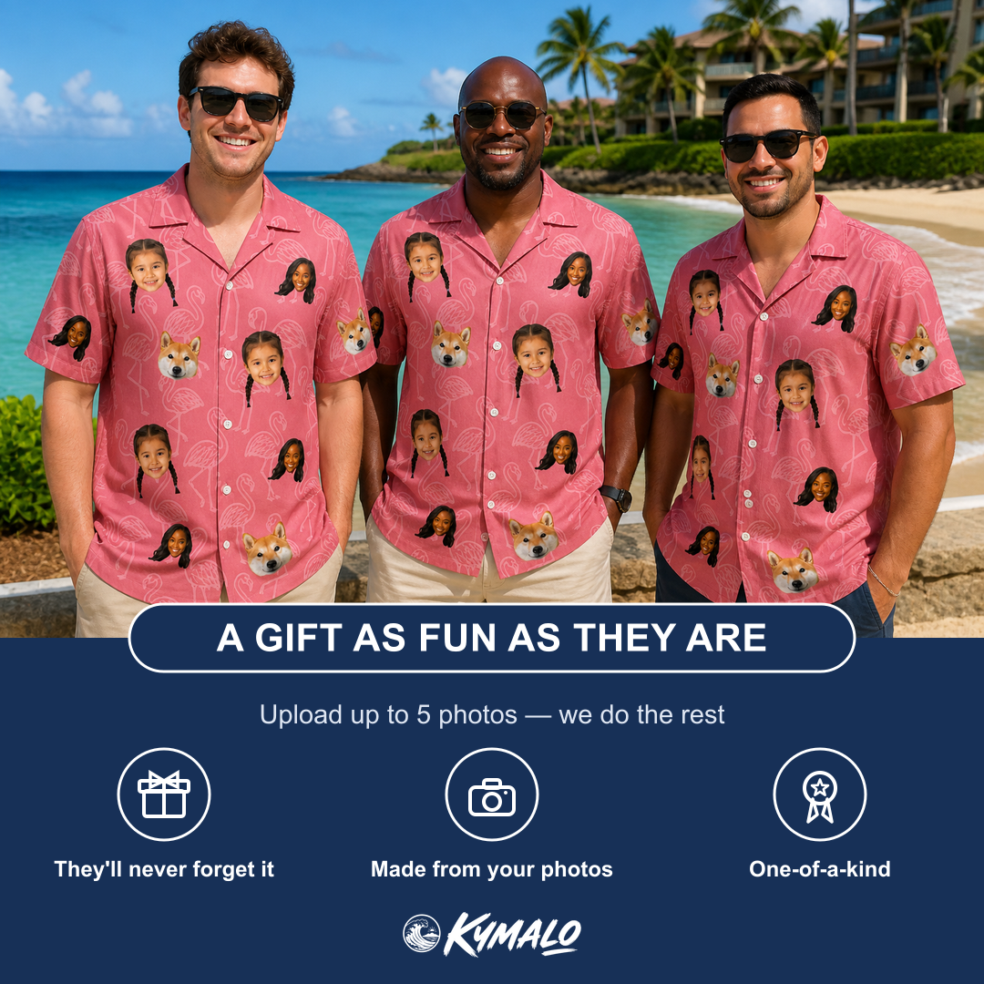 Friends in matching Men's Beakside Belles Custom Face Hawaiian Shirt — a group gift photo