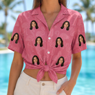Woman wearing Women's Beakside Belles Custom Face Hawaiian Shirt tied at the waist