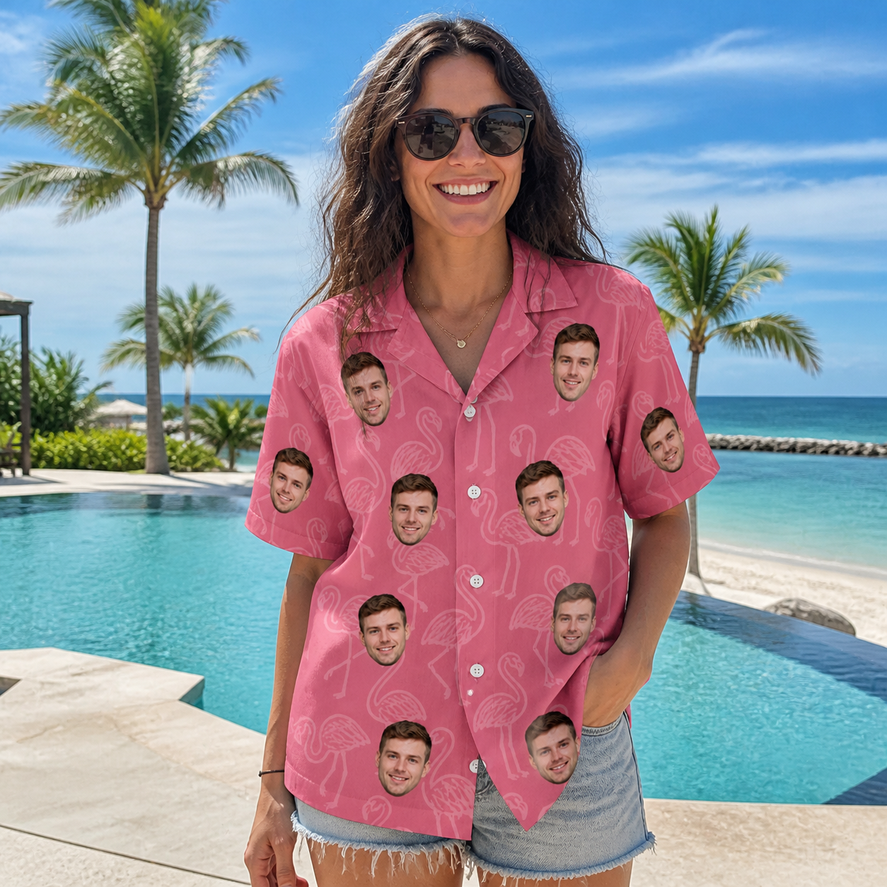 Real-life photo of someone wearing Women's Beakside Belles Custom Face Hawaiian Shirt — custom faces printed all-over