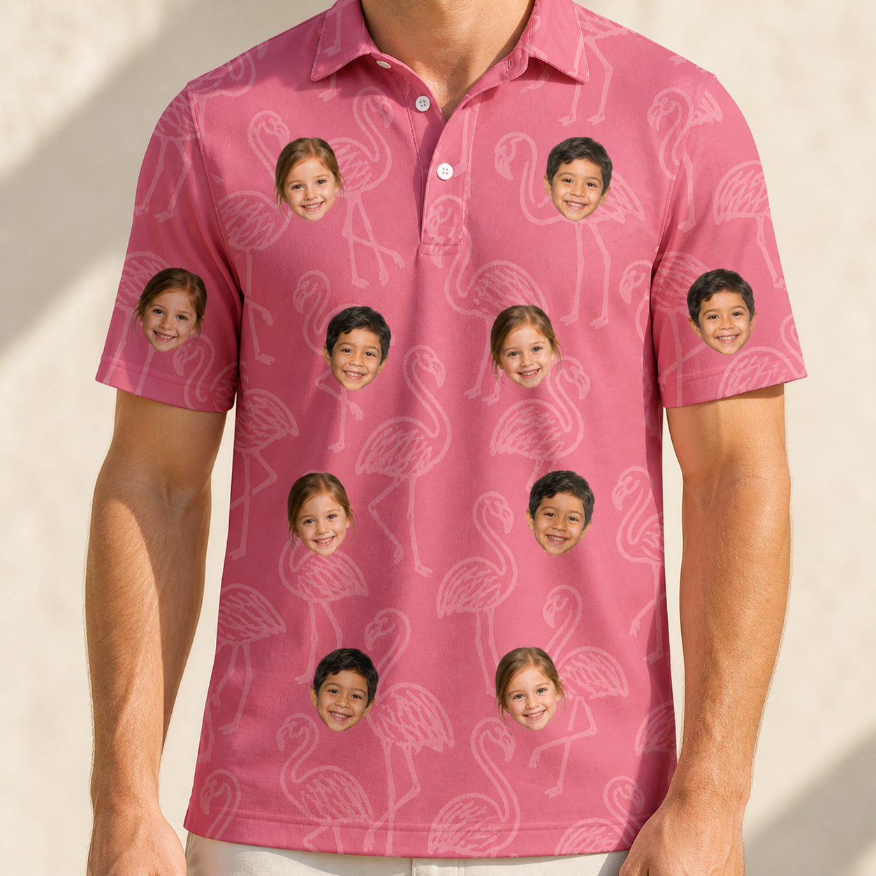 Model wearing Men's Beakside Belles Custom Face Polo Shirt printed with kids' faces
