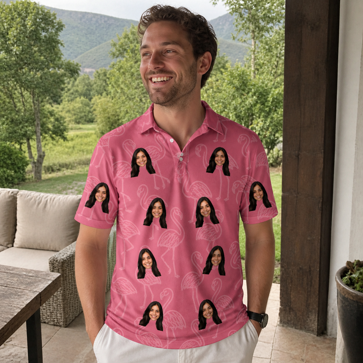 Real-life photo of someone wearing Men's Beakside Belles Custom Face Polo Shirt — custom faces printed all-over