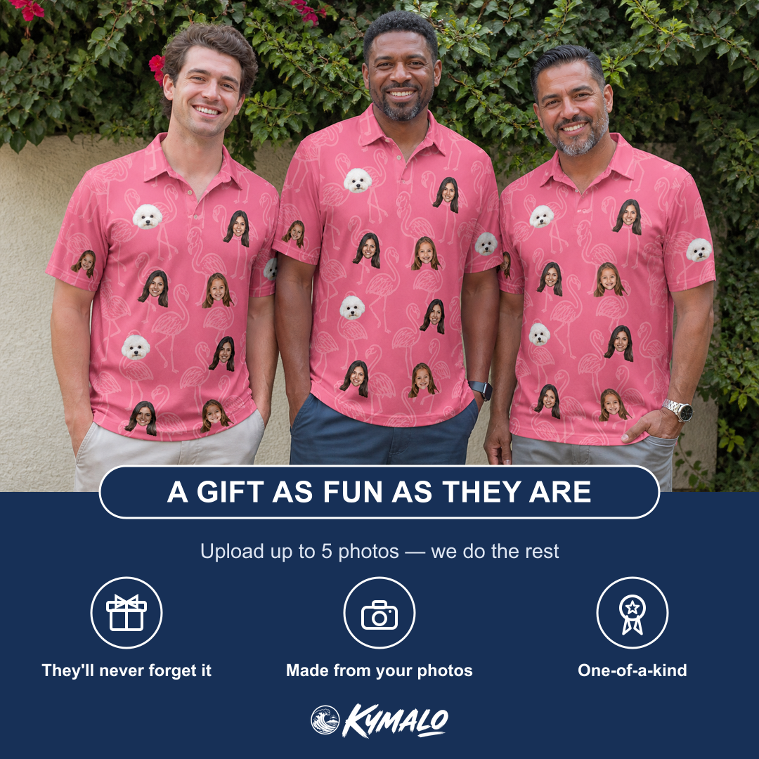 Friends in matching Men's Beakside Belles Custom Face Polo Shirt — a group gift photo