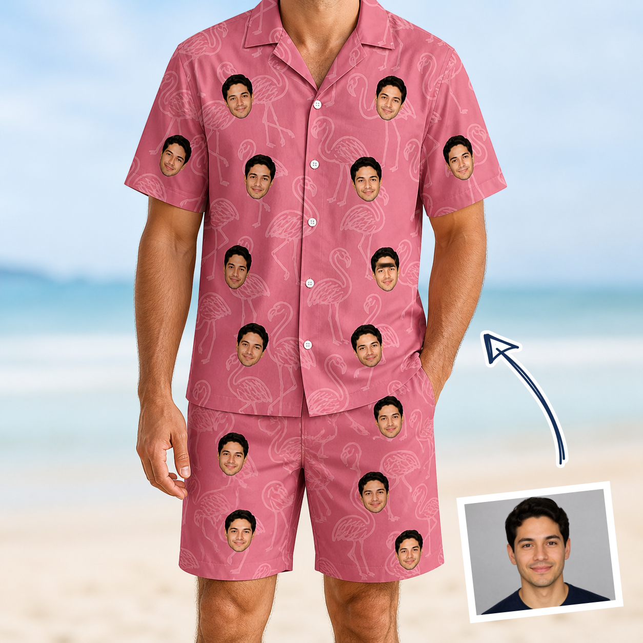 Man wearing Men's Beakside Belles Custom Face Shirt & Shorts Set — custom faces printed all-over