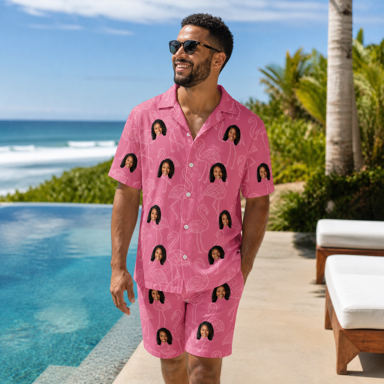 Real-life photo of someone wearing Men's Beakside Belles Custom Face Shirt & Shorts Set — custom faces printed all-over