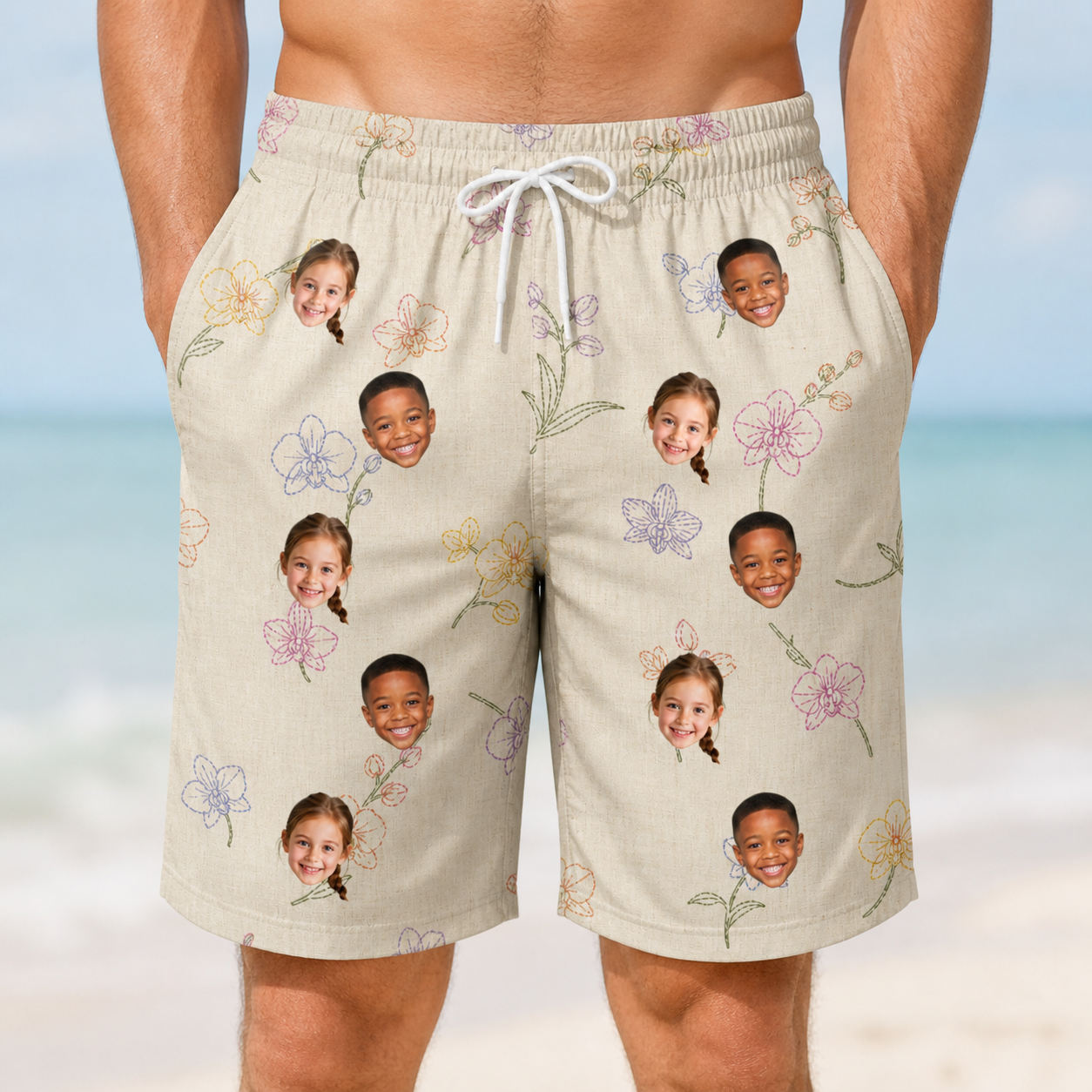 Model wearing Men's Vanda Vogue Custom Face Beach Shorts printed with kids' faces