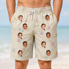 Model wearing Men's Vanda Vogue Custom Face Beach Shorts printed with kids' faces