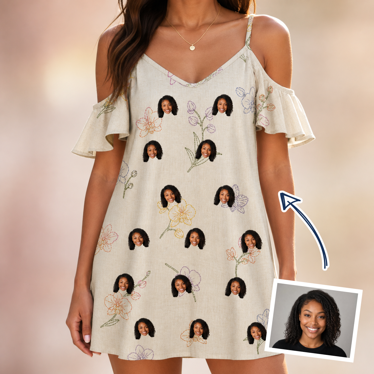 Woman wearing Women's Vanda Vogue Custom Face Off-Shoulder Dress — custom faces printed all-over