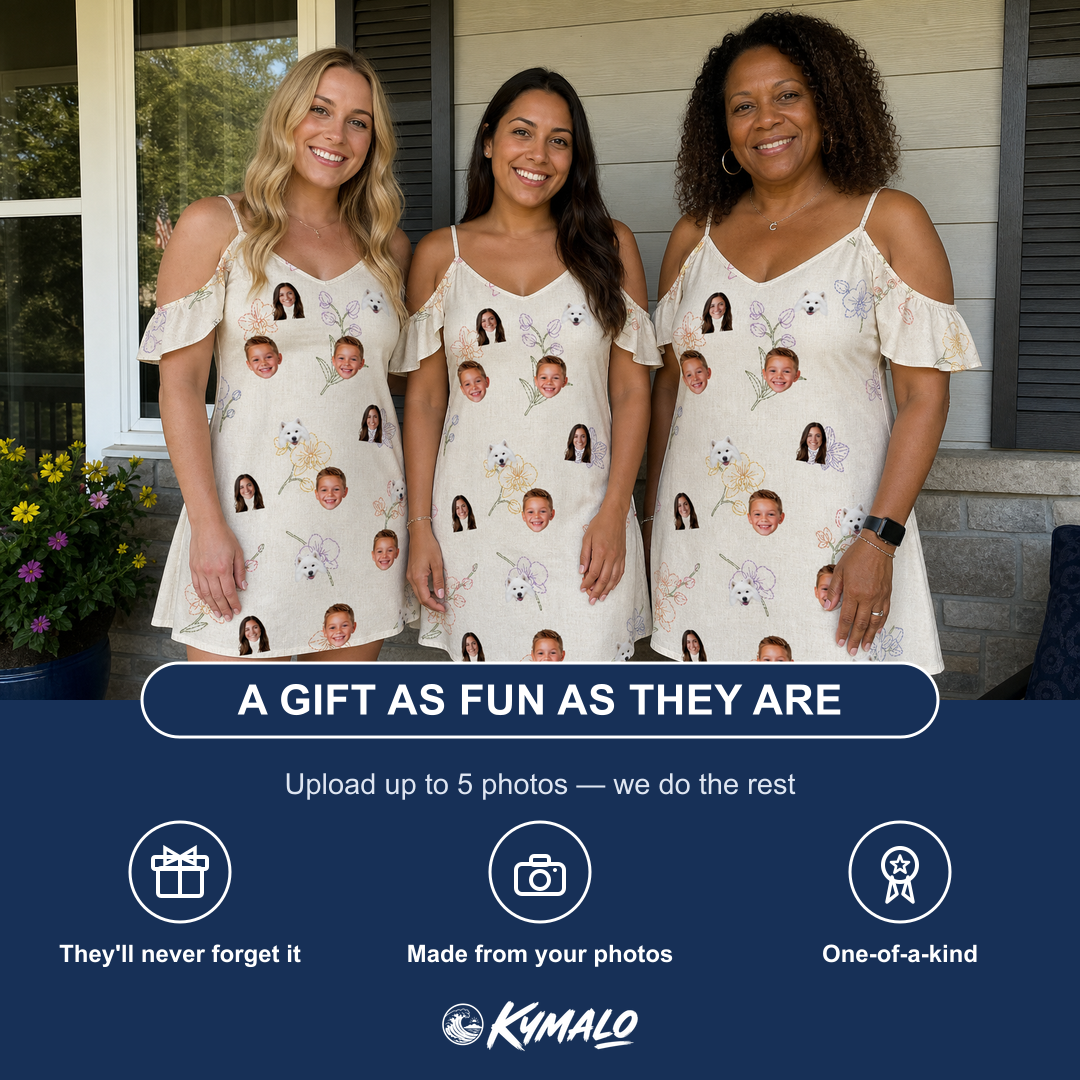 Friends in matching Women's Vanda Vogue Custom Face Off-Shoulder Dress — a group gift photo