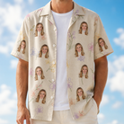 Man wearing Men's Vanda Vogue Custom Face Hawaiian Shirt open over a white tee