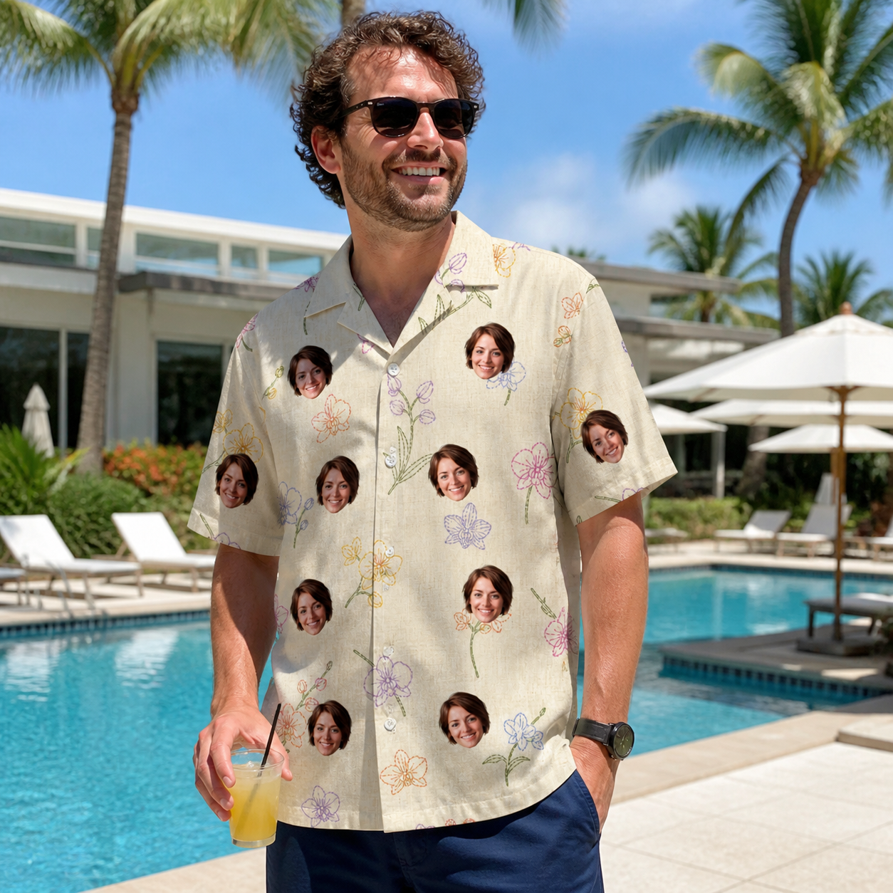 Real-life photo of someone wearing Men's Vanda Vogue Custom Face Hawaiian Shirt — custom faces printed all-over