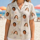 Model wearing Women's Vanda Vogue Custom Face Hawaiian Shirt printed with kids' faces