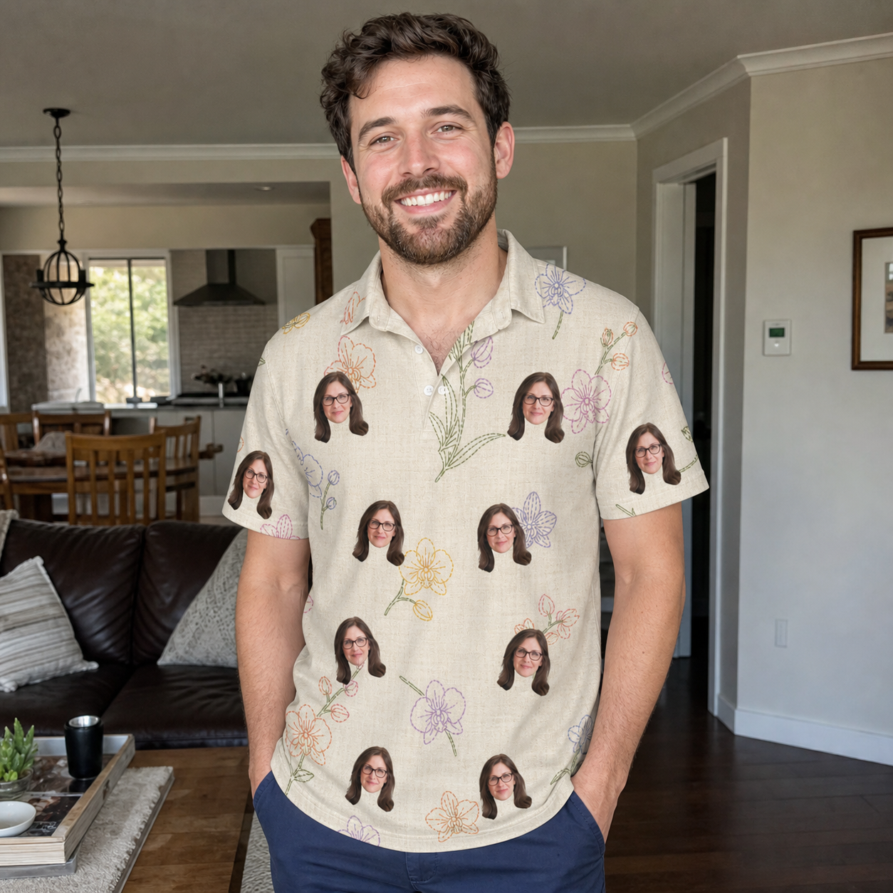 Real-life photo of someone wearing Men's Vanda Vogue Custom Face Polo Shirt — custom faces printed all-over