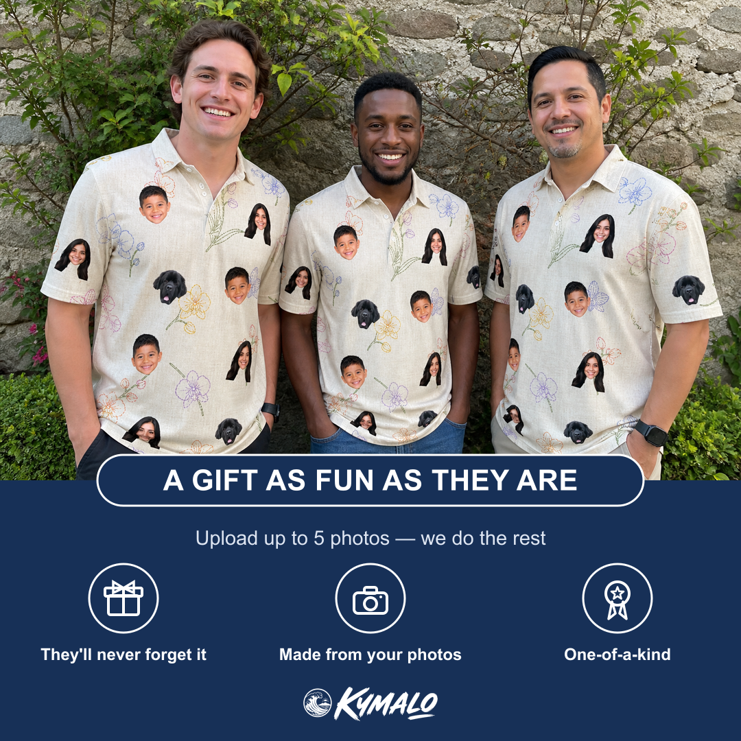Friends in matching Men's Vanda Vogue Custom Face Polo Shirt — a group gift photo