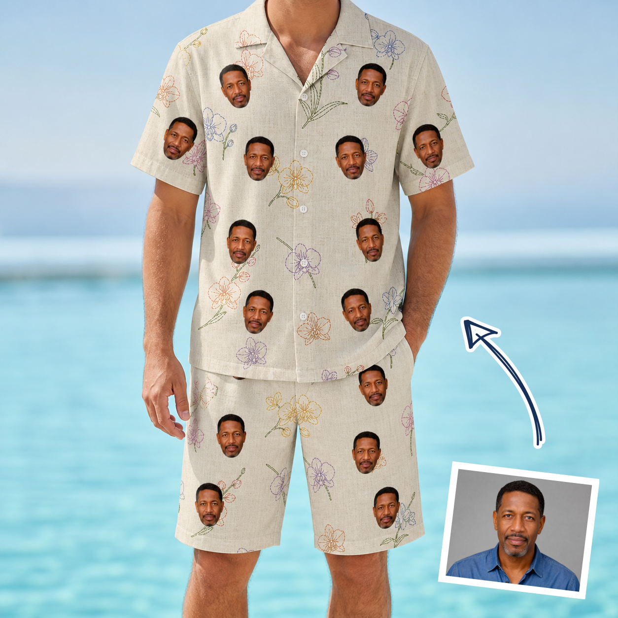 Man wearing Men's Vanda Vogue Custom Face Shirt & Shorts Set — custom faces printed all-over