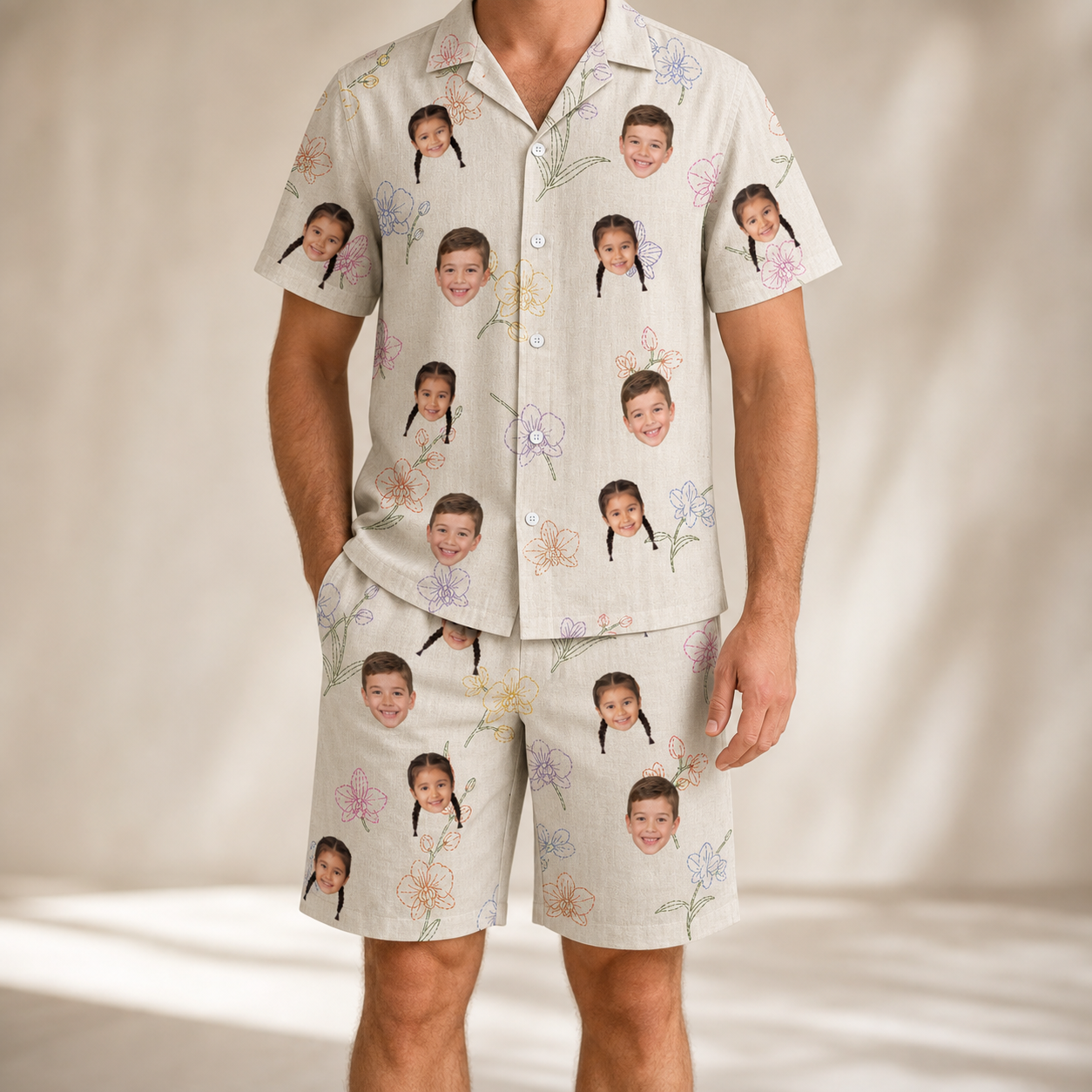 Model wearing Men's Vanda Vogue Custom Face Shirt & Shorts Set printed with kids' faces