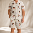 Model wearing Men's Vanda Vogue Custom Face Shirt & Shorts Set printed with kids' faces