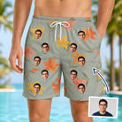 Man wearing Men's Corolla Carnival Custom Face Beach Shorts — custom faces printed all-over