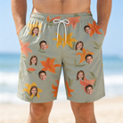 Model wearing Men's Corolla Carnival Custom Face Beach Shorts printed with kids' faces