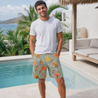 Real-life photo of someone wearing Men's Corolla Carnival Custom Face Beach Shorts — custom faces printed all-over