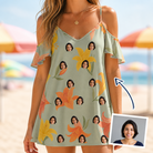 Woman wearing Women's Corolla Carnival Custom Face Off-Shoulder Dress — custom faces printed all-over