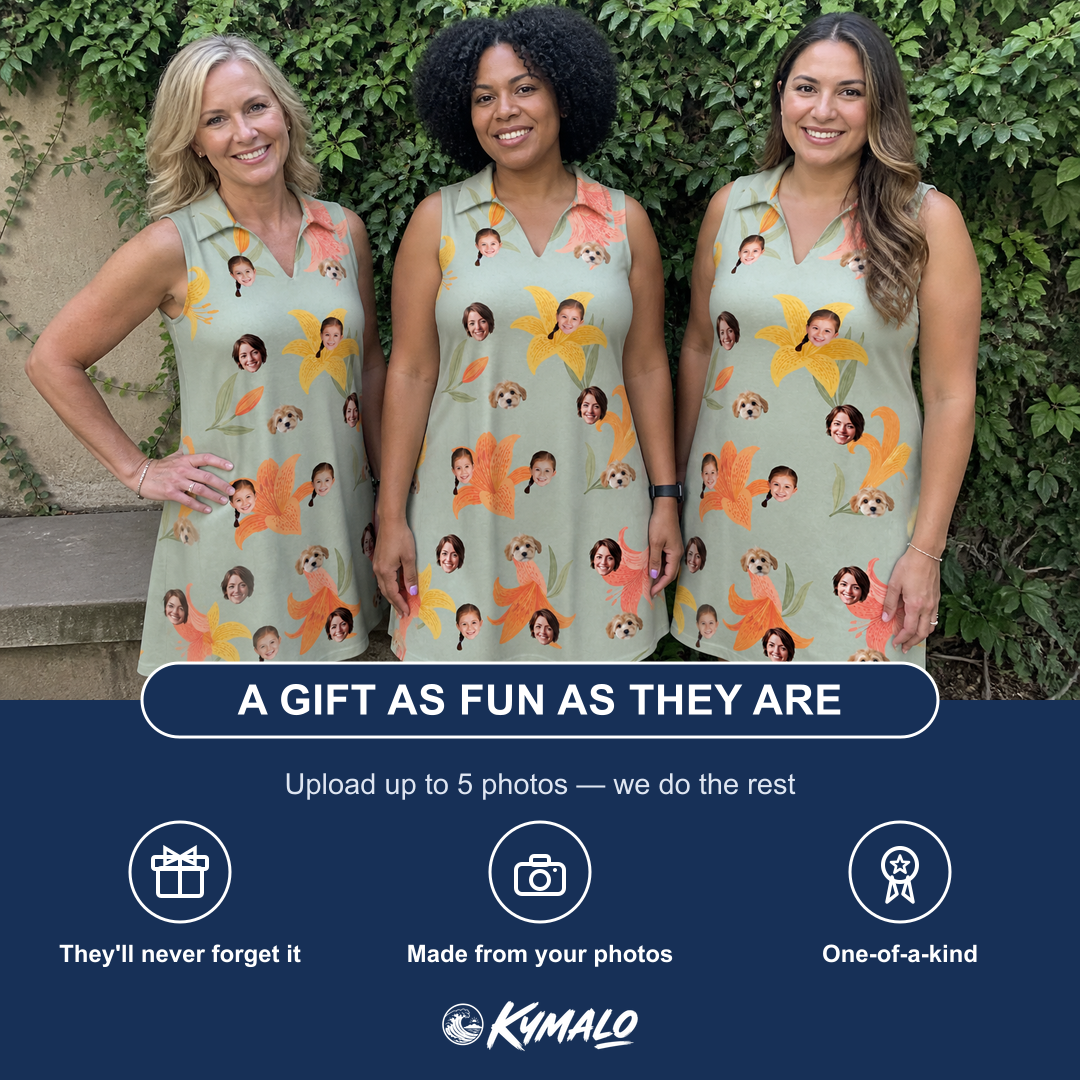 Friends in matching Women's Corolla Carnival Custom Face V-Neck Dress — a group gift photo