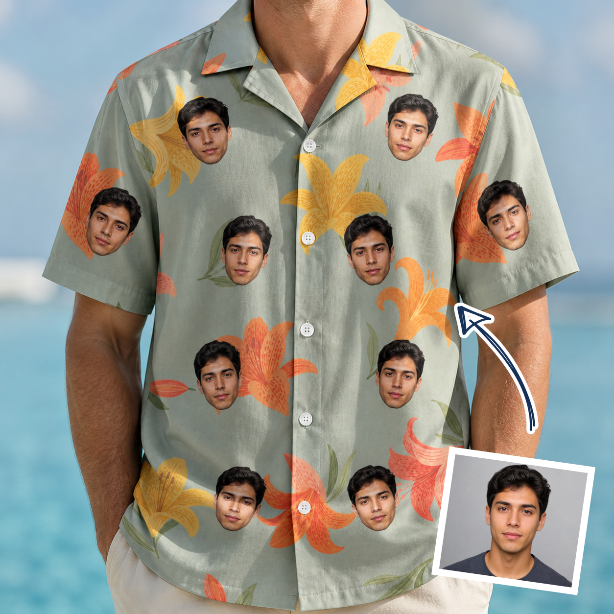Man wearing Men's Corolla Carnival Custom Face Hawaiian Shirt — custom faces printed all-over