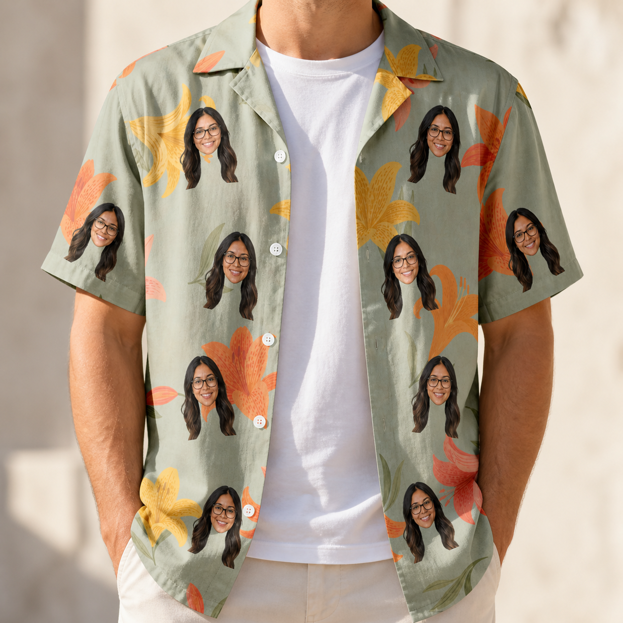 Man wearing Men's Corolla Carnival Custom Face Hawaiian Shirt open over a white tee
