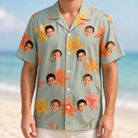 Model wearing Men's Corolla Carnival Custom Face Hawaiian Shirt printed with kids' faces