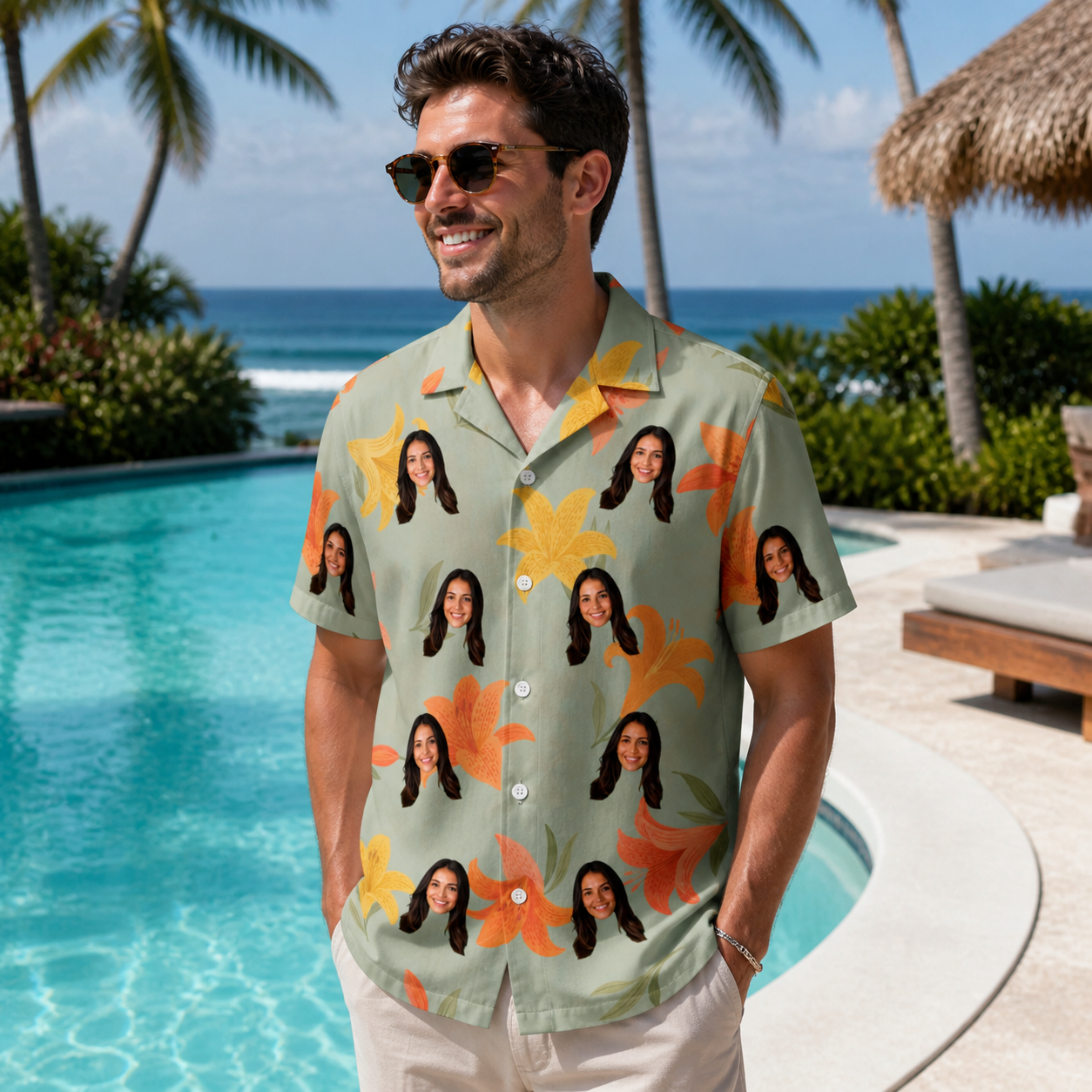 Real-life photo of someone wearing Men's Corolla Carnival Custom Face Hawaiian Shirt — custom faces printed all-over