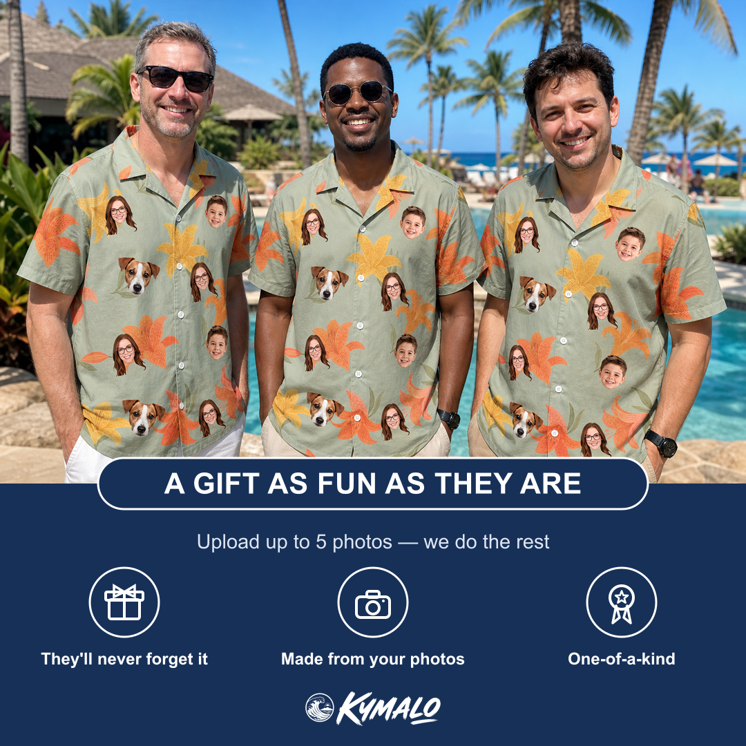 Friends in matching Men's Corolla Carnival Custom Face Hawaiian Shirt — a group gift photo