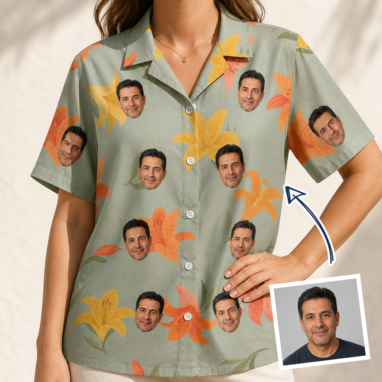 Woman wearing Women's Corolla Carnival Custom Face Hawaiian Shirt — custom faces printed all-over