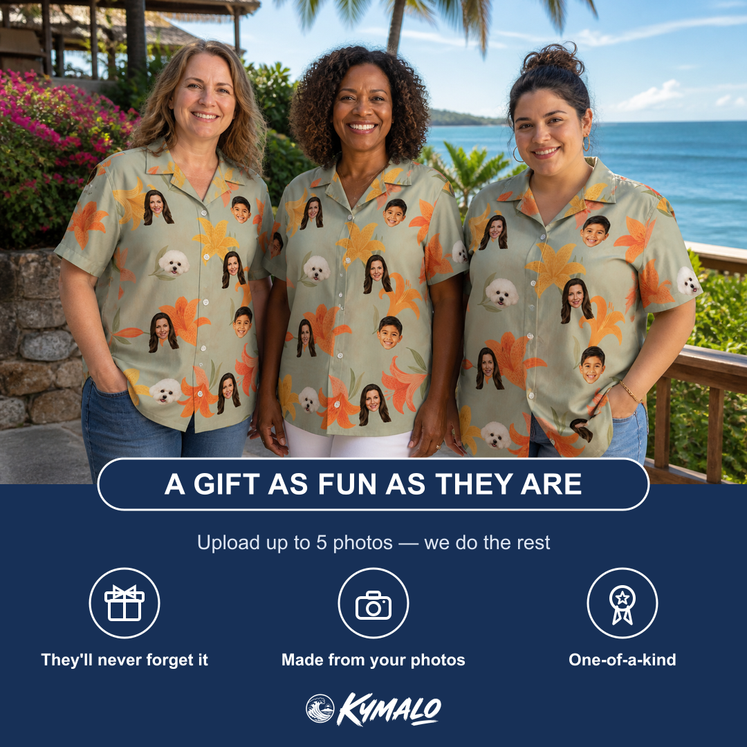 Friends in matching Women's Corolla Carnival Custom Face Hawaiian Shirt — a group gift photo
