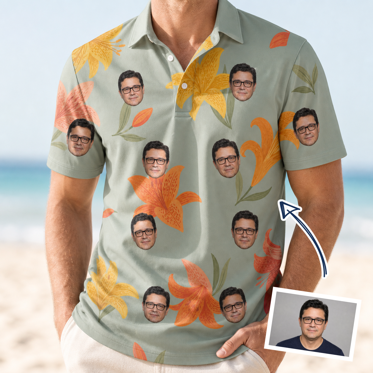 Man wearing Men's Corolla Carnival Custom Face Polo Shirt — custom faces printed all-over
