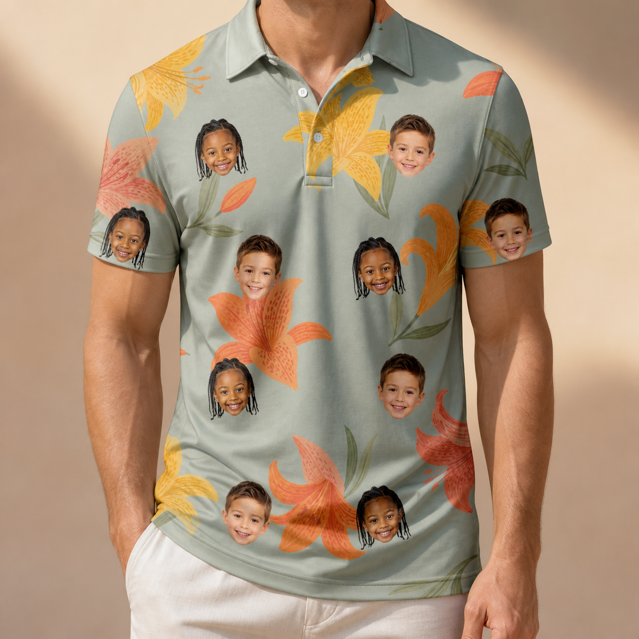 Model wearing Men's Corolla Carnival Custom Face Polo Shirt printed with kids' faces