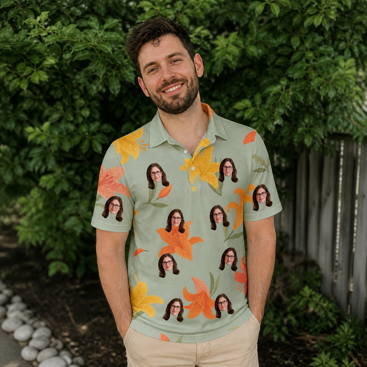 Real-life photo of someone wearing Men's Corolla Carnival Custom Face Polo Shirt — custom faces printed all-over