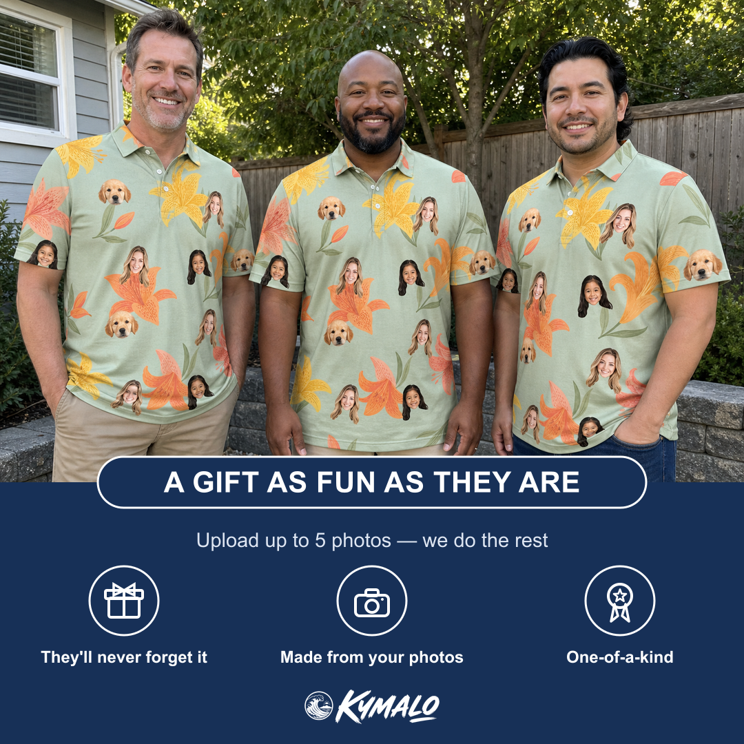 Friends in matching Men's Corolla Carnival Custom Face Polo Shirt — a group gift photo