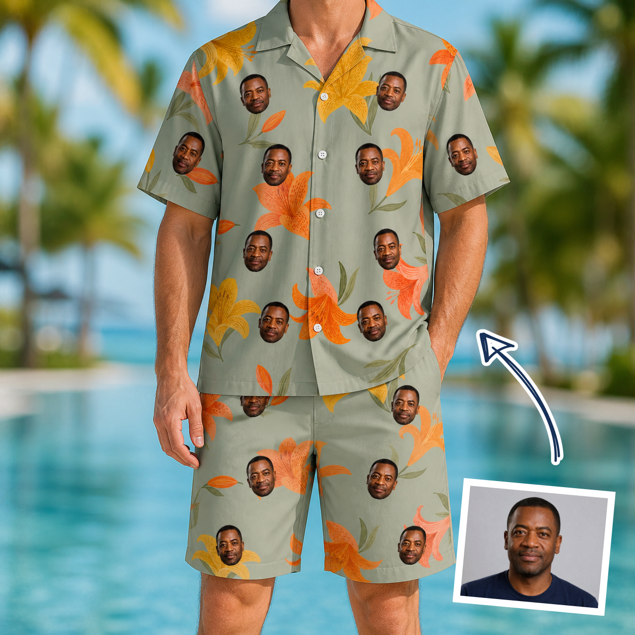 Man wearing Men's Corolla Carnival Custom Face Shirt & Shorts Set — custom faces printed all-over