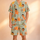 Model wearing Men's Corolla Carnival Custom Face Shirt & Shorts Set printed with kids' faces