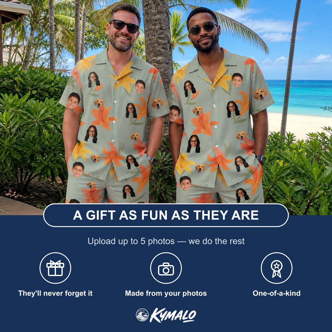 Friends in matching Men's Corolla Carnival Custom Face Shirt & Shorts Set — a group gift photo